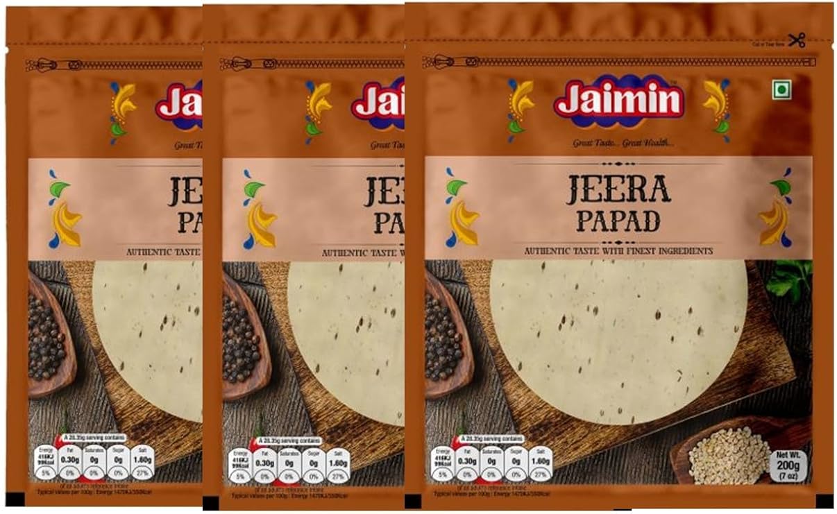 Jaimin Assorted Papad Variety Pack, 7 Flavours - Bikaneri, Black Pepper, Jeera, Green Chilli, Rajwadi, Punjabi, Garlic, 200g Each | Crispy & Flavorful Snacks (Pack of 3, Jeera)