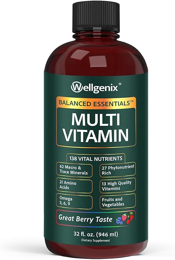 Wellgenix Balanced Essentials Liquid Multivitamin & Minerals, 32 Fl Oz | 138 nutrients per serving in a smooth berry liquid: vitamins, minerals, amino acids, and omega 3-6-9, no pills or gummies