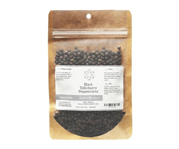 Savory Spice Black Tellicherry Peppercorns - Whole Tellicherry Black Peppercorns for Pepper Grinder Refills | Tellicherry Peppercorn Mix (1 Cup Bag - Net: 4.2 oz)