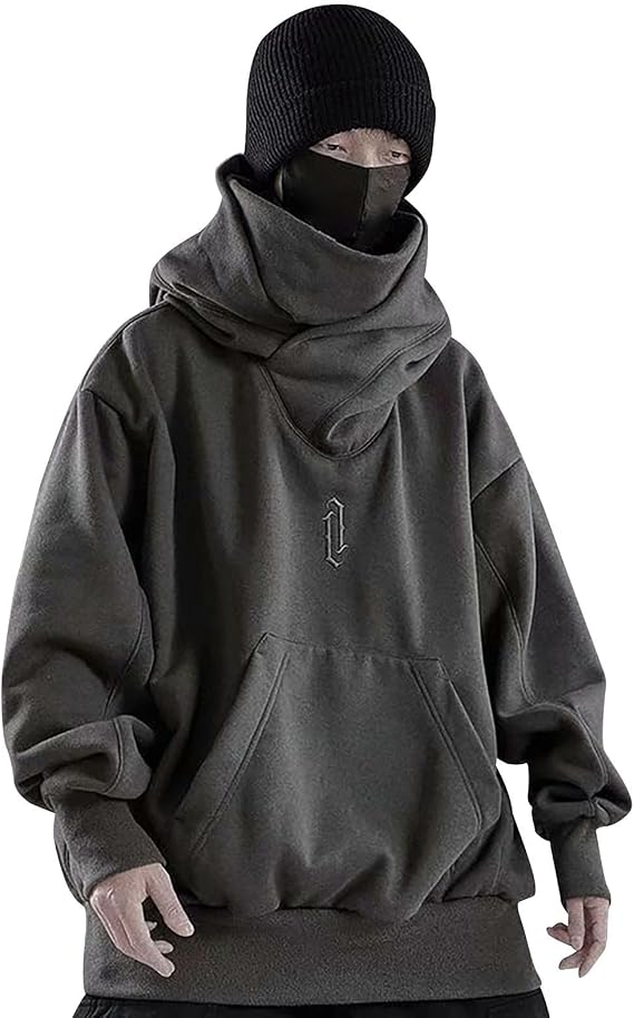 Alalaso Ninja Hoodie Men Double Neckline Cotton Pullover Windproof Warm Japanese Assassin-Style Sweatshirts for Men and Women