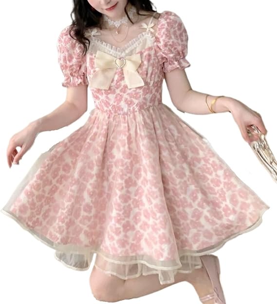 Lolita Party Dress Women Lace Mini Dress Japanese Kawaii Cute Princess Cute Pink Dress (Color : Pink, Size : Medium)