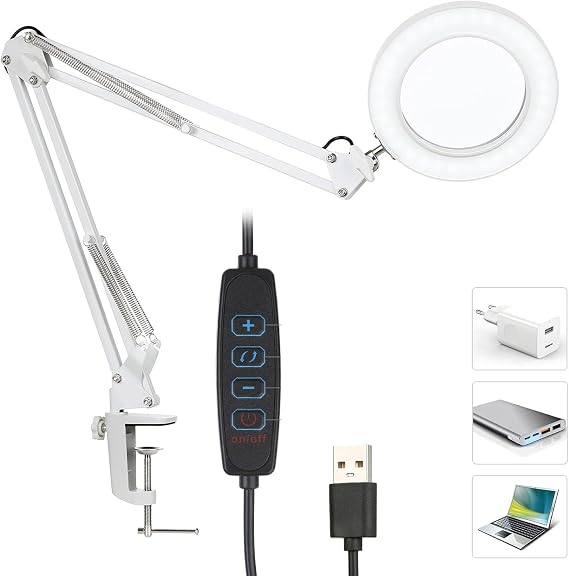 Akrobat Hareketli 8X Büyüteçli Led Işıklı Masa Çalışma Lambası - Mengeneli (Beyaz)