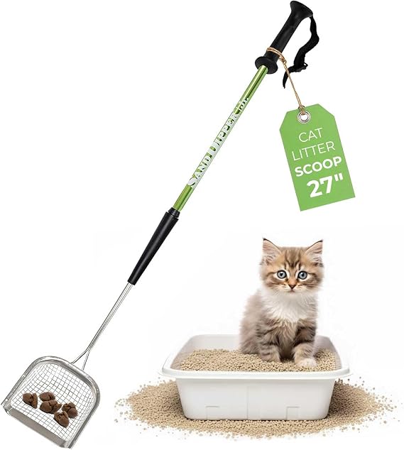 Sand Dipper Metal Cat Litter Scoop Long Handle Cat Poop Scooper for Litter Box (27), Heavy-Duty Stainless Steel Kitty Litter Scoop (Junior)