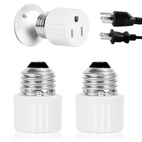 3-Prong Light Socket to Plug Adapter,E26/E27 Light Socket Outlet,2/3 Prong Outlet Socket Splitter Converter for Garage Porch White 2pack