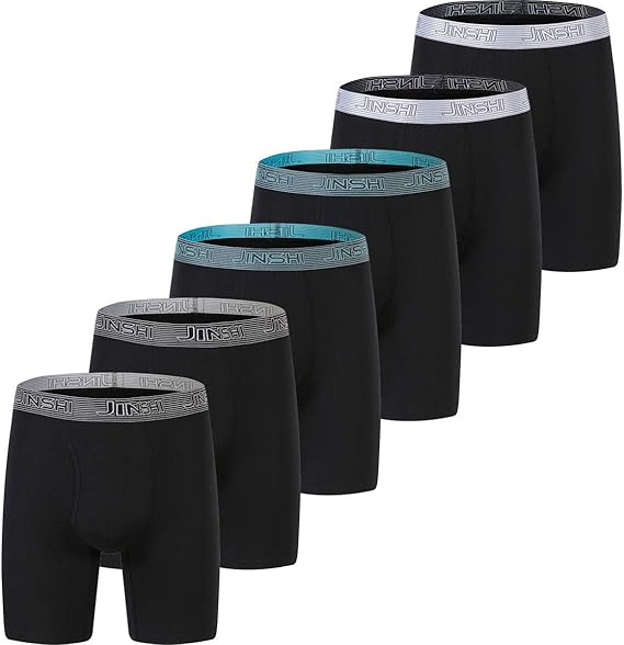 JINSHI Men's Bamboo Boxer Briefs Long Leg Comfortable Underwear Classic Black Boxers 6Pack