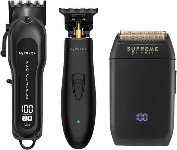 Supreme Trimmer 3-in-1 Barber Bundle | Pro Clipper Lite, T-Shaper Trimmer & Crunch Foil Shaver | Professional Beard Trimmer Mens Hair Clipper Kit | Black