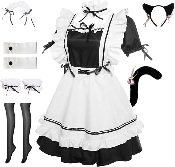 Maid Outfit Dress Costume Lingerie French Maid Apron Cosplay Lolita Fancy Dress With Cat Ears Tail Socks Set