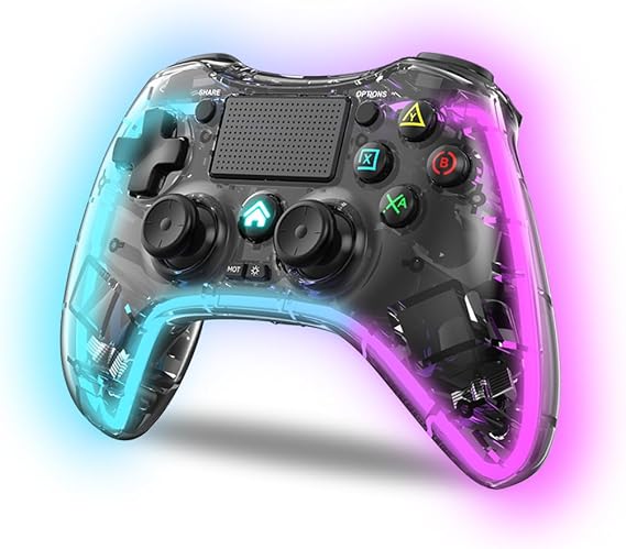 NK Controller for PS4 / PC/Android - Wireless Controller with 2-Shock, 6 Axis, 2 Macro Buttons, 7 LED Light Modes, Touchpad, Headphone Jack, Charging Cable Included - Transparent Black