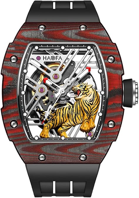 Haofa Skeleton Automatic Mechanical Watch for Men Tiger Stripes Carbon Fiber Bezel Watch Sapphire Luminous Waterproof Mens Business Casual Watch 1973