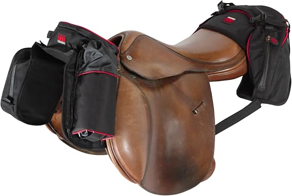 English/Endurance Horse Saddle Bag Bundle; Set of English Saddle Pommel Bags and Cantle Bag, Combination Trail Riding Saddle Bags for English/Endurance Saddles; Red Piping