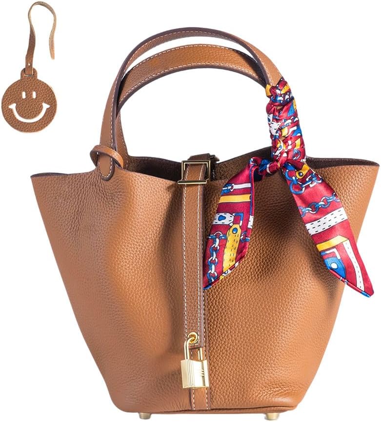 Genuine Leather Lock Design Bucket Bag Basket, Fashionable and Versatile Shoulder Handbag,satchel small hobo bag Brown