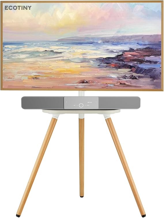 Tripod Easel TV Stand for 4365 Inch TVs, Height Adjustable Swivel Floor Stand with Wooden Tray and Cable Management, VESA 400x400, Minimalist White