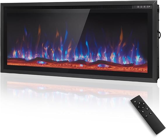 MAISON ARTS 42" Electric Fireplace, Recessed & Wall Mounted Electric Fireplace Heater, Ultra Narrow Frame Fireplace Insert w/Remote Control, Timer, Adjustable Flame Colors, Log/Crystal, 750/1500W