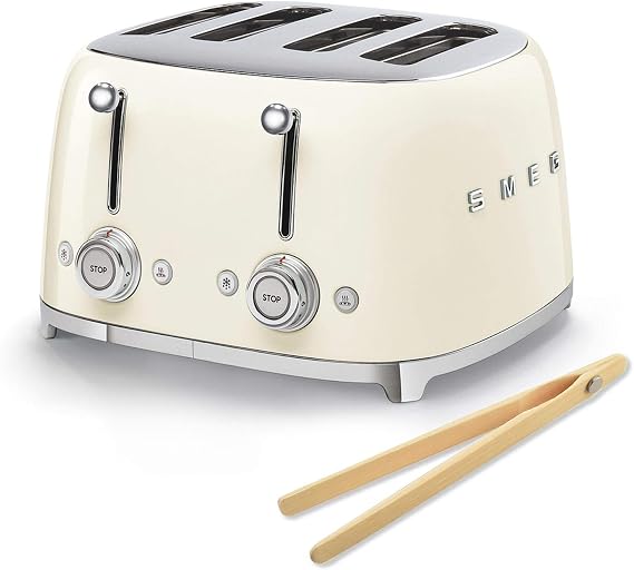 Smeg 50s Retro 4-Slot Toaster TSF03CRUS Bundle with Bamboo Tongs - Cream