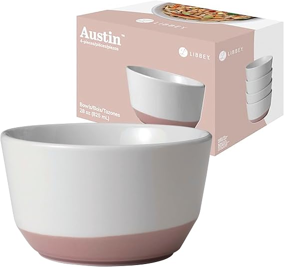 Libbey Austin Himalayan Pink Porcelain Salad Soup Bowls, Modern Style Large Soup Bowls Set of 4, Stackable Ceramic Bowls Set for Holidays, Daily Use
