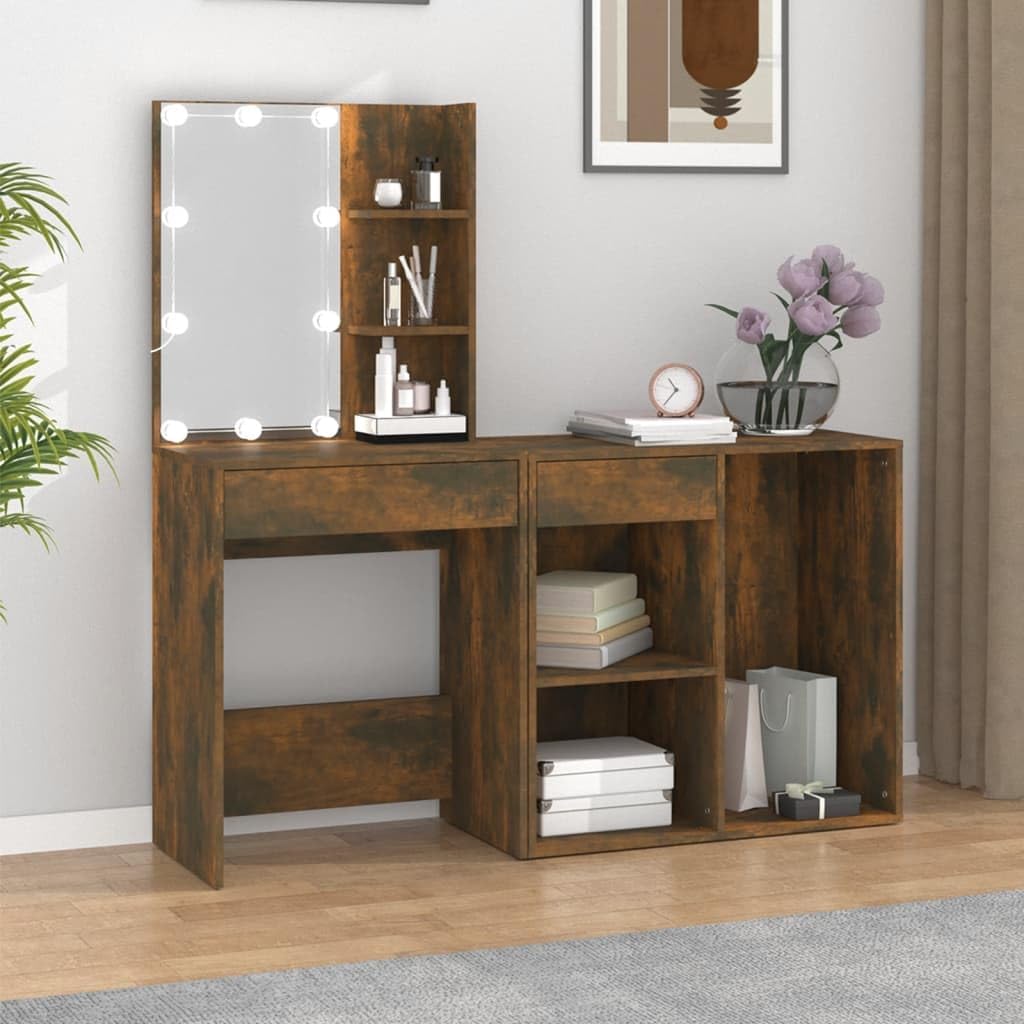 LED Dressing Table with Cabinet Smoked Oak Engineered Wood, Vanity Desk with Mirror and Lights, Ample Storage Space, USB LED Bulbs for Warm and Cold White Modes, Stable