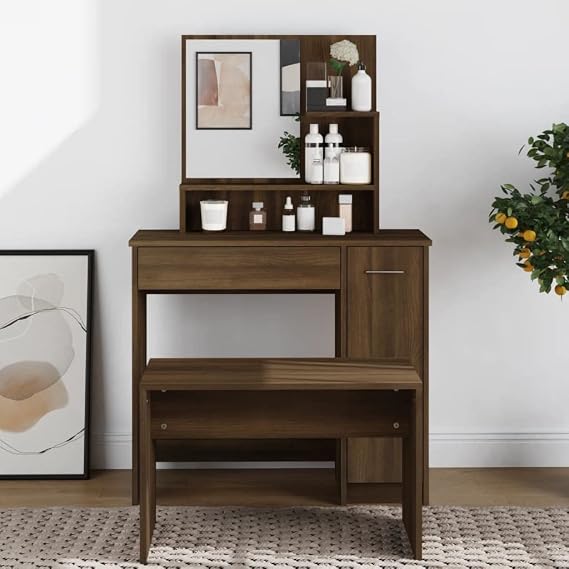 Brown Oak Dressing Table with Mirror 86.5x35x136 cm, Vanity Desk with Drawer and Shelves for Bedroom Storage, Engineered Wood Makeup Table