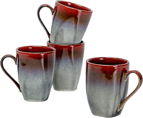 HENXFEN LEAD Coffee Mugs Set of 4 - Ceramic Cups 10 Oz with Large Handle for Coffee, Soup, Tea, Milk, Latte and Cocoa, Mug Gift Set Microwave & Oven, Dishwasher Safe - Red