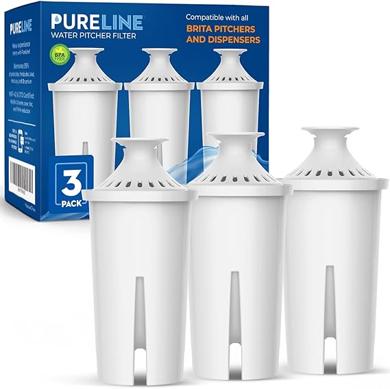 Pureline Replacement for Brita Filter, Pitchers and Dispensers, Classic 35557, OB03, Mavea 107007, Replacement for Brita Pitchers Grand, Lake, Capri, Wave and More (3 Pack)