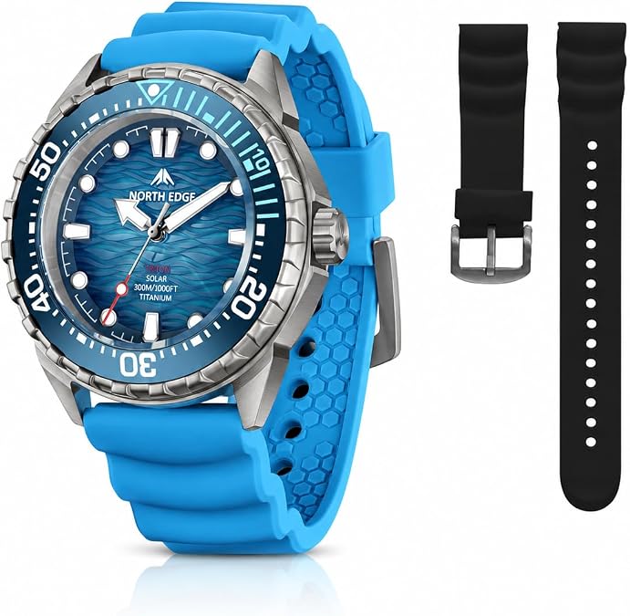 NORTH EDGE TRITON 300M Solar Dive Watch + 24mm Long Silicone Strap