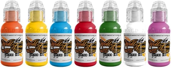 World Famous Tattoo Ink 7 Color Simple Set - Vegan, Color Tattoo Ink Set - Compact Bottles Safe for Convention Travel - Made in America - Professional Midtone Shades (7 Pieces, 0.5 oz Each)