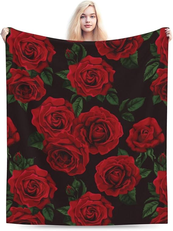 Red Black Flower Rose Blanket Soft Lightweight Throw Blankets Cozy Flannel Bed Throws for Sofa Couch Travel Home Room Bedroom Decor Gifts for Girls Boys Women 50"x40"