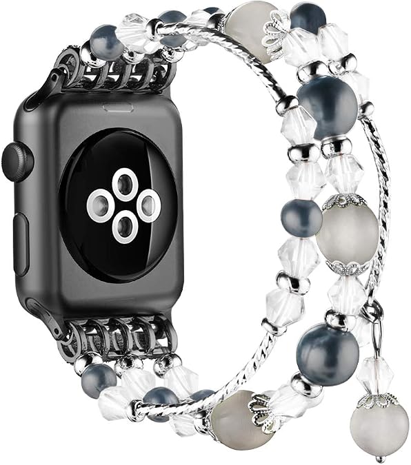 Simpeak Beaded Bracelet Band Compatible with Apple Watch Series 10 9 8 7 6 SE 5 4 3 2 1, Women Fashion Handmade Elastic Bracelet Stretch Strap Compatible with iWatch 42mm(Series 10)/40mm/38mm/41mm