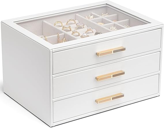 VLANDO Jewelry Box Organizer, 7-Layer Storage Drawers, Glass Window, Modern | Stylish Color-Blocked Design Metal Handle, Jewelry Storage Organizer for Rings, Earrings, Bracelets, Gift for Women Girls