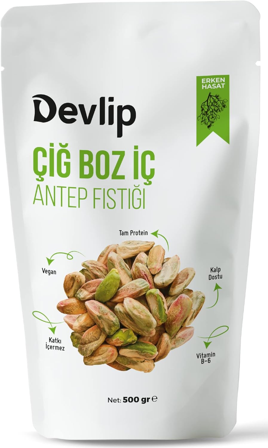 Devlip Early Harvest Grey Raw Inner Pistachios, 500 GR, Locked Open-Close Packaging, Vegan