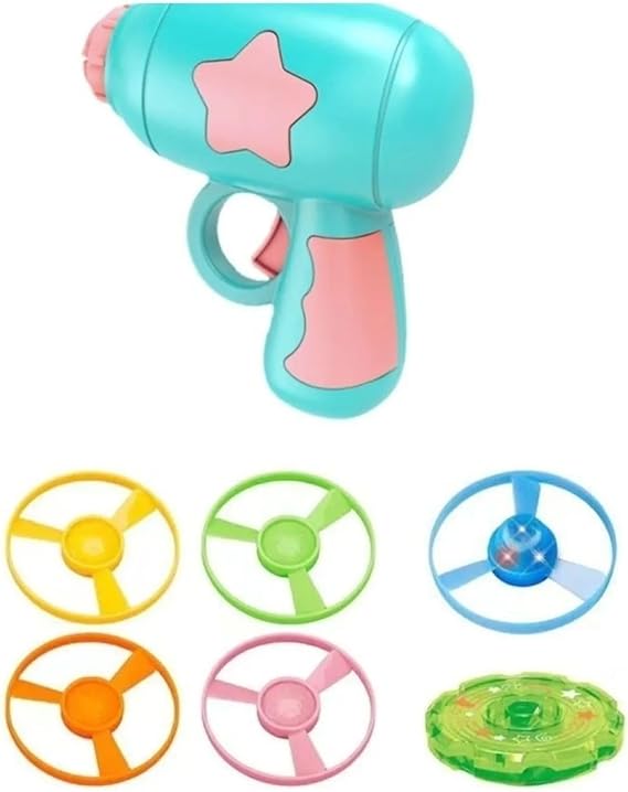 Illuminated and Colorful Flying Propeller Toy for Pets with Winding Launcher, 5 Propellers + 1 Illuminated Spinning Top