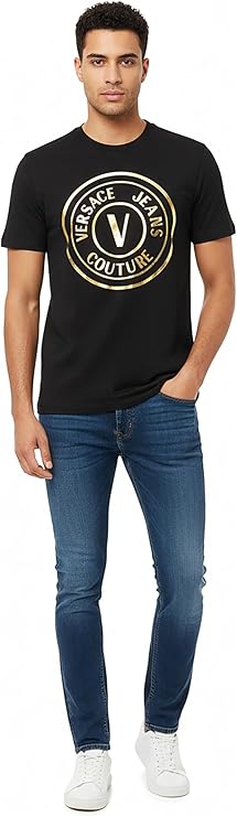 VERSACE JEANS COUTURE Black/Gold Mens Oversized Screen Print Logo T-Shirt
