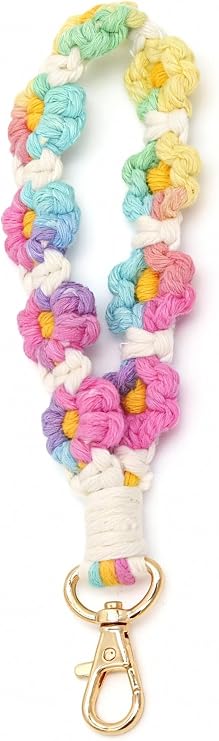 Boho Macrame Cute Keychain Wristlet Handmade Flower Wrist Lanyard for Keys Weave Bracelet Key Ring Chains for Women
