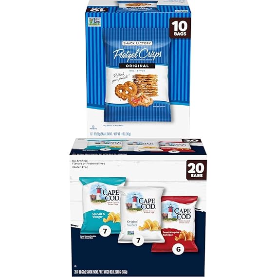 Snack Factory Pretzel Crisps, Original, 1 Oz Snack Bags, 10 Ct and Cape Cod Potato Chips Variety Pack, 1 Oz, (Pack of 20)