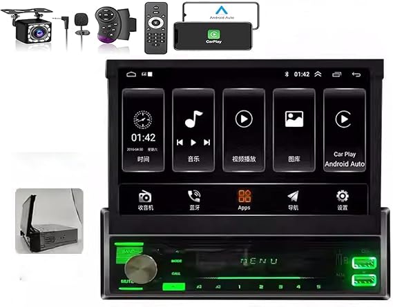 Sinlge Din Car Stereo with Wireless/Wired Apple Carplay & Android Auto 7" Motorized Flip Out Screen Head Unit Radio 4+64GB Navigation Free Backup Camera (4GB RAM+64GB ROM)