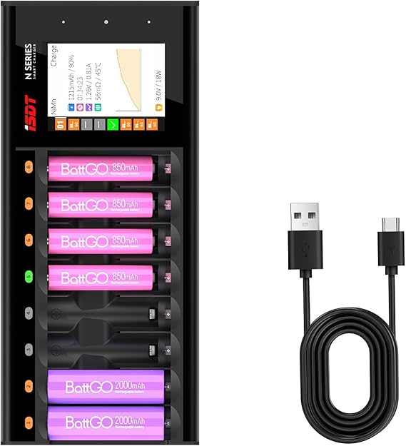 ISDT N8 8-Bay Fast Battery Charger AA AAA with LCD Discharge Analyzer for Nimh Nizn Nicd Rechargeable Batteries, Smart Mini Z Battery Charger Tester, USB-C Cargador de Bateria