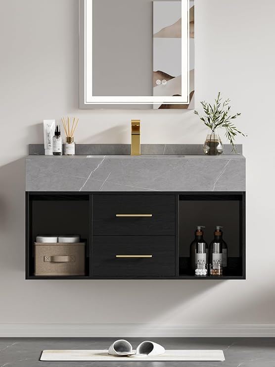 homary 39.4 inch Floating Bathroom Vanity with Single Sink, Modern Design with Sintered Stone Top & Undermount Sink, 2 Soft-Close Drawers for Small Bathroom, Black