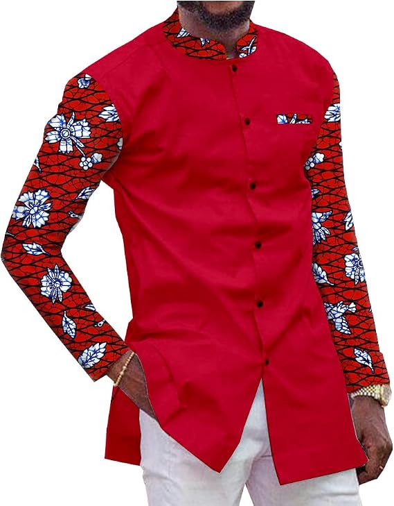 African Men Shirt Dashiki Tops Print Blouse Ankara Fabric Wax Batik Long Sleeve Button with Pocket