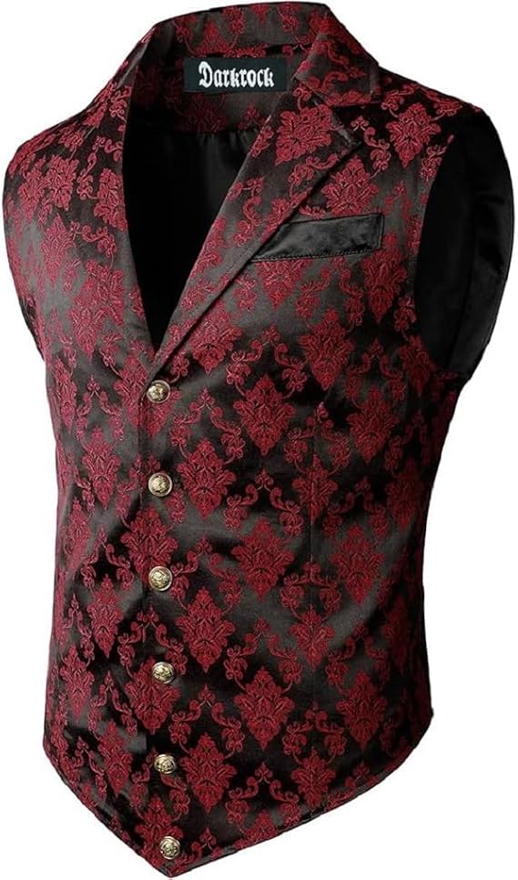 Darkrock Gothic Rock Victorian Steampunk Edwardian Western Brocade Gothic Red/Black Mens Suit Vest Waistcoat