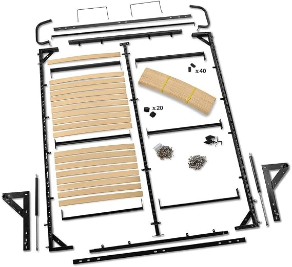 I-Semble Piston Lift Mechanism Queen-Size Murphy Bed Hardware Kits - Vertical Mount Bed Frame Hardware Kit w/Cambered Wood Slats, Metal Legs & More - Fits Standard Mattresses up to 10 Thick | Murphy Bed Hardware Smooth Bed Operation Queen Hardware Kit Vertical Mount Complete Components