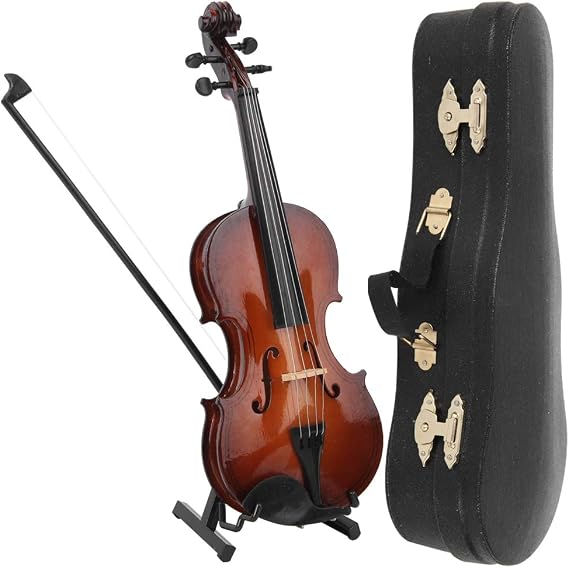 Wooden Miniature Violin with Stand, Bow, Classical Box, Mini Musical Replica Instrument Craft Dollhouse Model Home Decoration, Great Boys Girls Birthday Christmas New Year