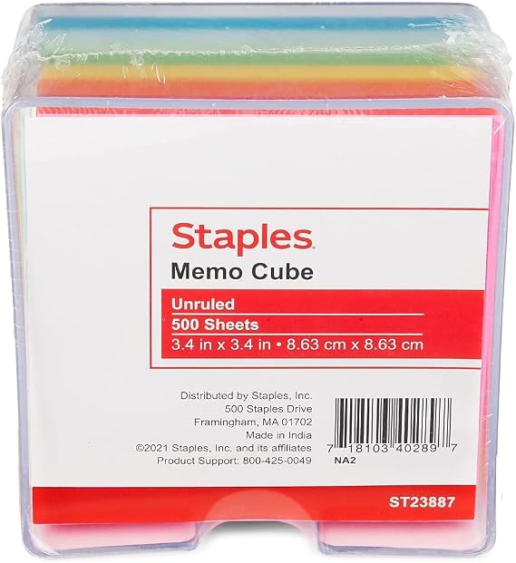 Staples Cube Memo Pad, Assorted Colors, 500 Sheets | Self-stick note cube for quick reminders and everyday office use.