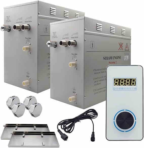 Superior Encore 24kw Self-Draining Steam Bath Generator Kit with Vertical Digital Keypad in White and a Drip Pan