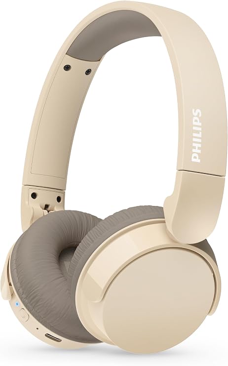 Philips TAH3209BG Leichter ohraufliegender kabelloser Bluetooth-Kopfhörer mit passiver Geräuschisolierung – 25 Stunden Spielzeit deutliche Anrufe dynamischer Bass 2 Stunden USB-C-Laden – Beige