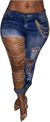 Plus Size Ripped Skinny Jeans Womens Chain Big Hole High Waisted Cuffed Ankl Punk Denim Pants Blue, X-Large
