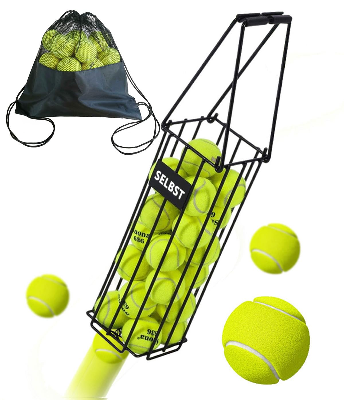 Selbst Tennis Ball Hopper, Tennis Balls Basket, Portable Pickleball Collector with Mesh Carry Bag - Large Capacity Carrier Picker Upper Caddy