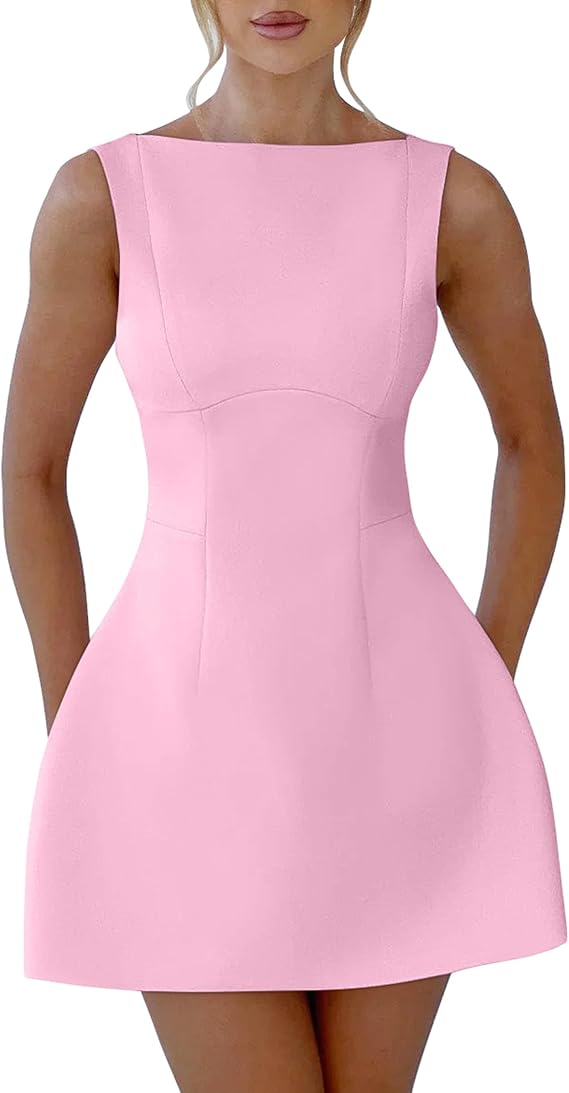 YMDUCH Women's Sexy Sleeveless Crew Neck A-line Party Mini Dress