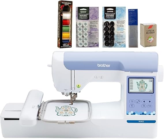 Brother PE900 Embroidery Machine, 6-Piece Thread Set, 20 Bobbins, 100-Piece 75/11 Embroidery Needles, Stabilizer Roll