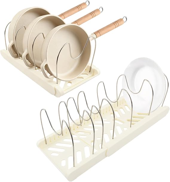 Pot and Pan Organizer for under cabinet, Expandable Pan Organizer for Cabinet, Pot Lid Holder with 10 Adjustable Compartments for Kitchen Cabinet Cookware Baking Frying Rack(White)