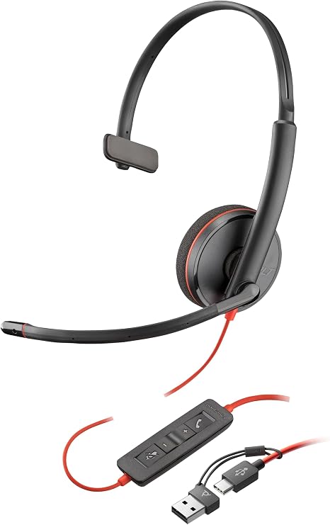 Corded USB-C Headset Poly Blackwire 3210 - Noise Cancelling Microphone - One-Ear Design - Connect to PC/Mac via USB-C or USB-A - Compatible with Teams Zoom