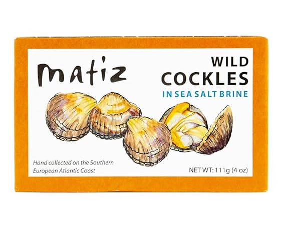 Matiz Espana Wild Cockles from Galicia, Spain in Natural Sea Salt Brine (4 oz.) Spanish Berberechos, Small Clams, Hand Packed, Size 45/55 (Pack of 1)